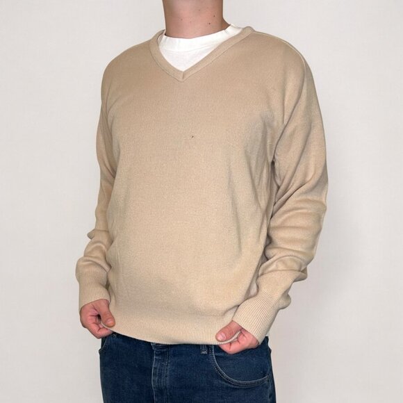 Vintage 70s Sears Classics Tan Beige V-Neck Solid Blank Sweater XL - Picture 1 of 6